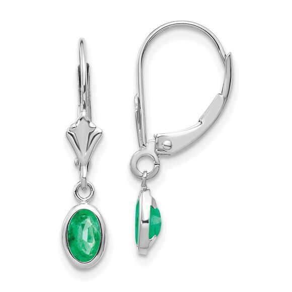 Kazi Luxury 14k White Gold 6x4 Oval Bezel May/Emerald Leverback Earrings